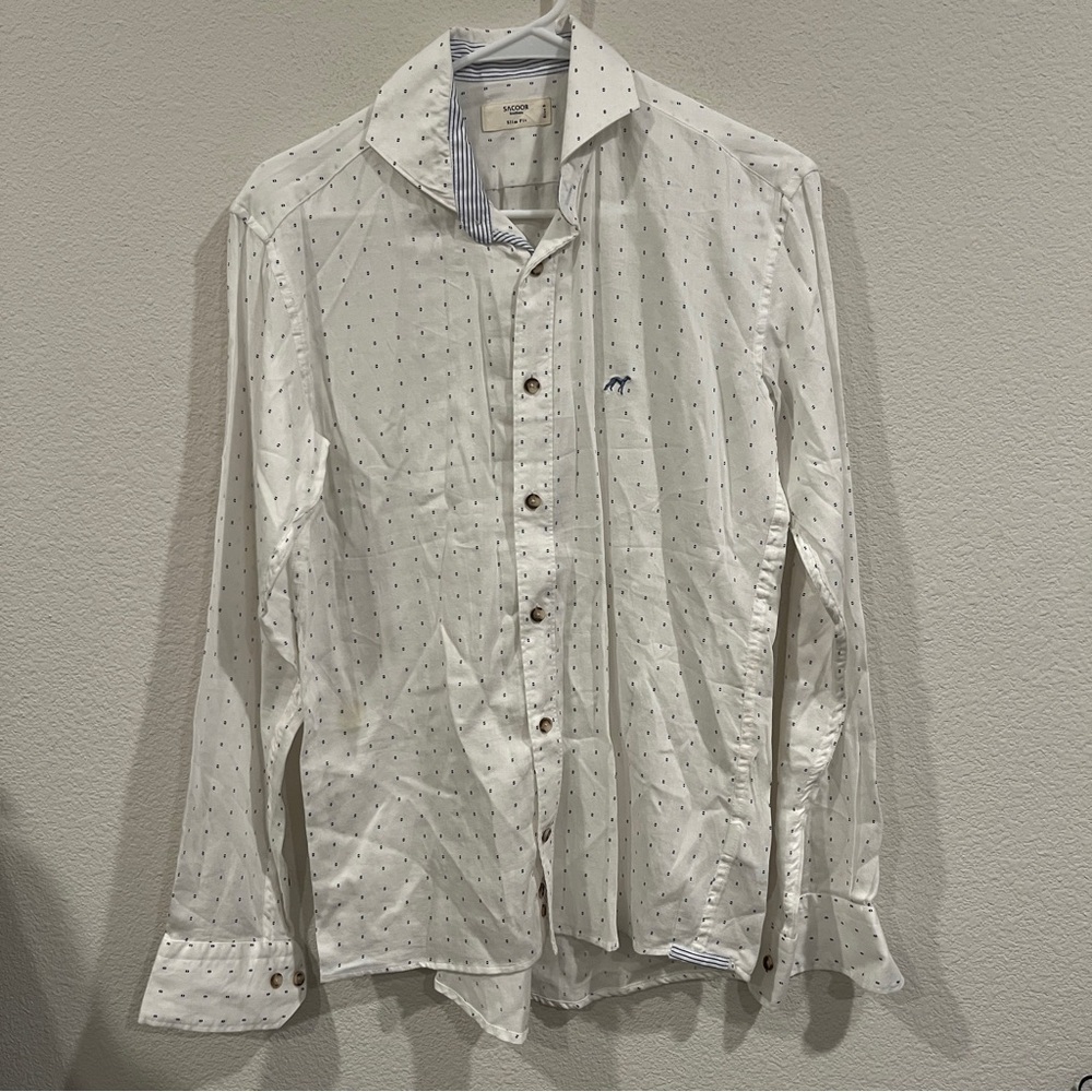 Sacoor size small white with dots 100% cotton long sleeve button down shirt